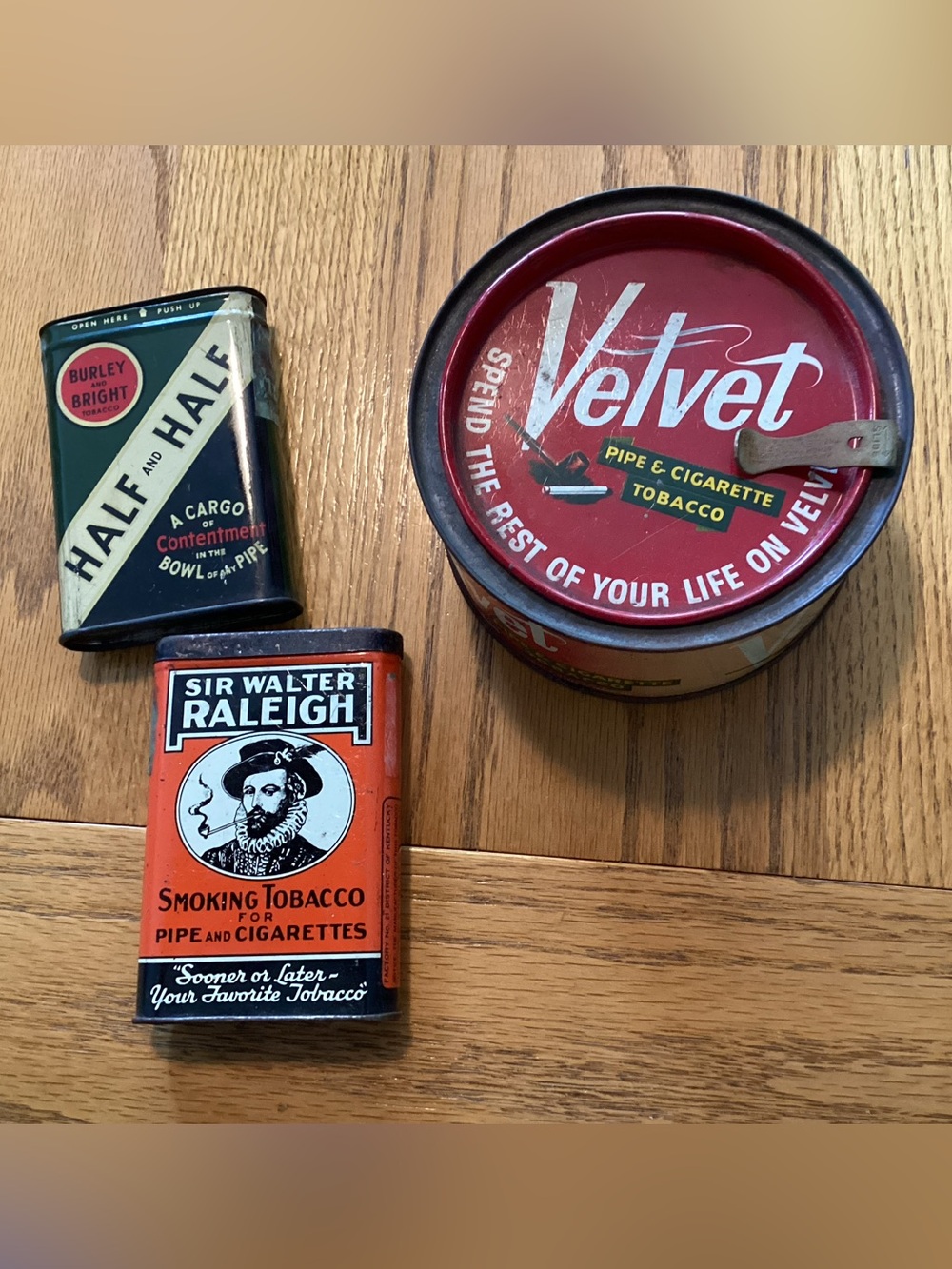 Velvet Red Tobacco Tin with Sir Walter Raleigh and Half and Half Vintage Tin Set